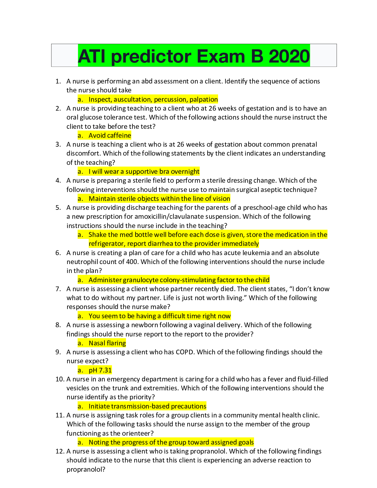 Preview image of ATI predictor Exam B 2020 document